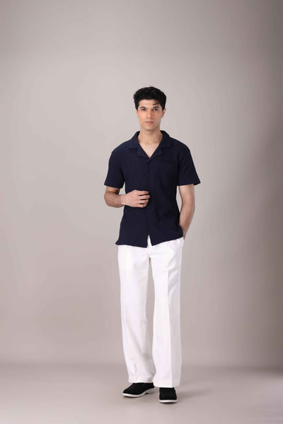 Navy Blue Waffle Knit Cuban Collar Shirt