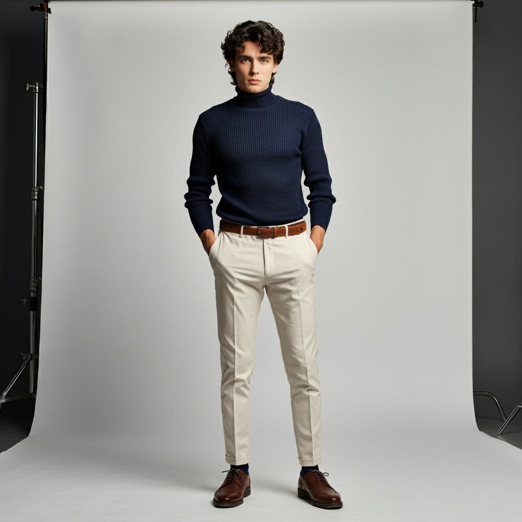 Navy Blue Rib Knitted Turtleneck Shirt - OMH Clothing