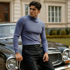Tealish Blue Rib Knitted Turtle Neck Shirt - OMH Clothing