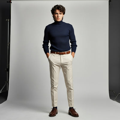 Navy Blue Rib Knitted Turtleneck Shirt - OMH Clothing