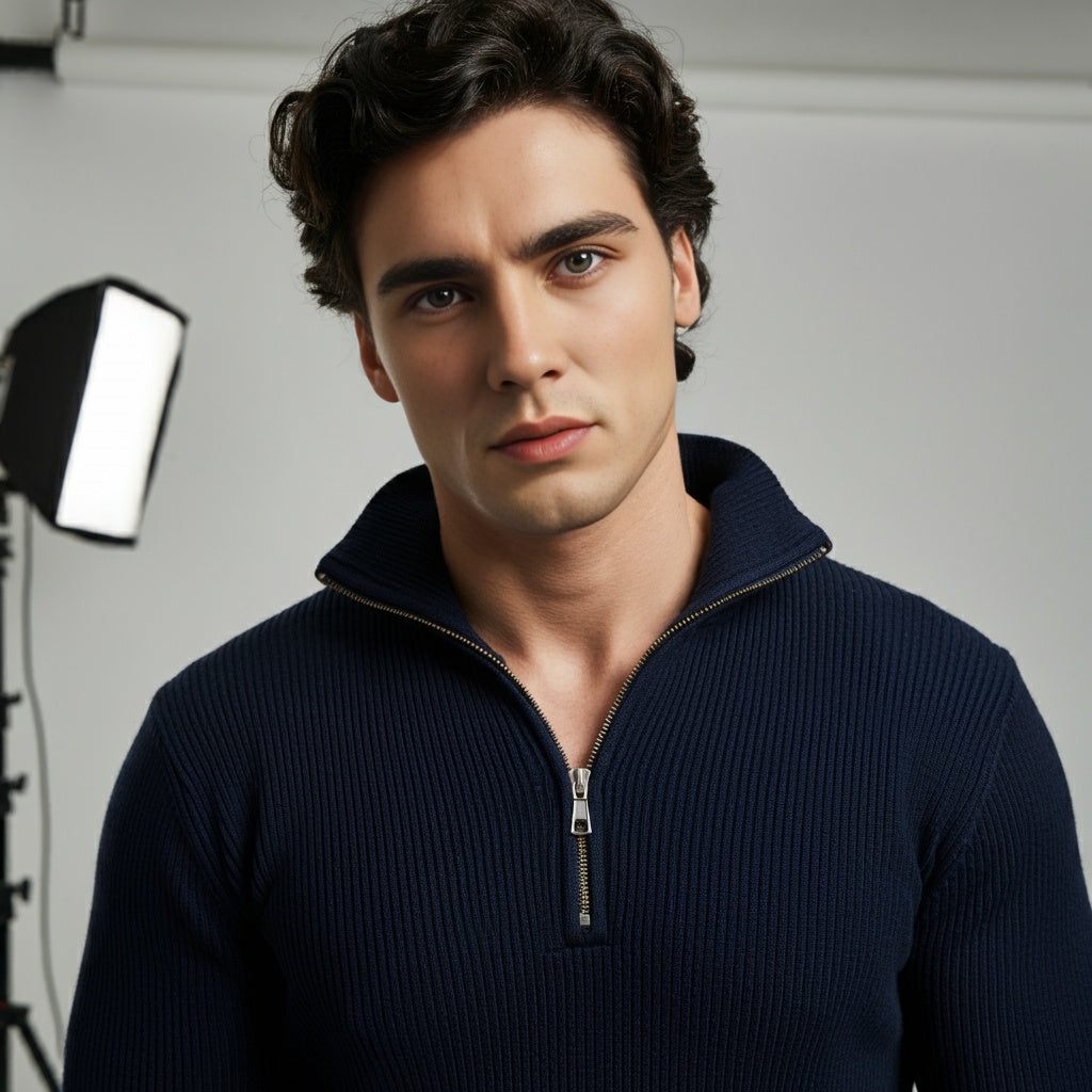 Navy Blue Rib knitted Quarter Zipper - OMH Clothing