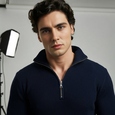 Navy Blue Rib knitted Quarter Zipper - OMH Clothing