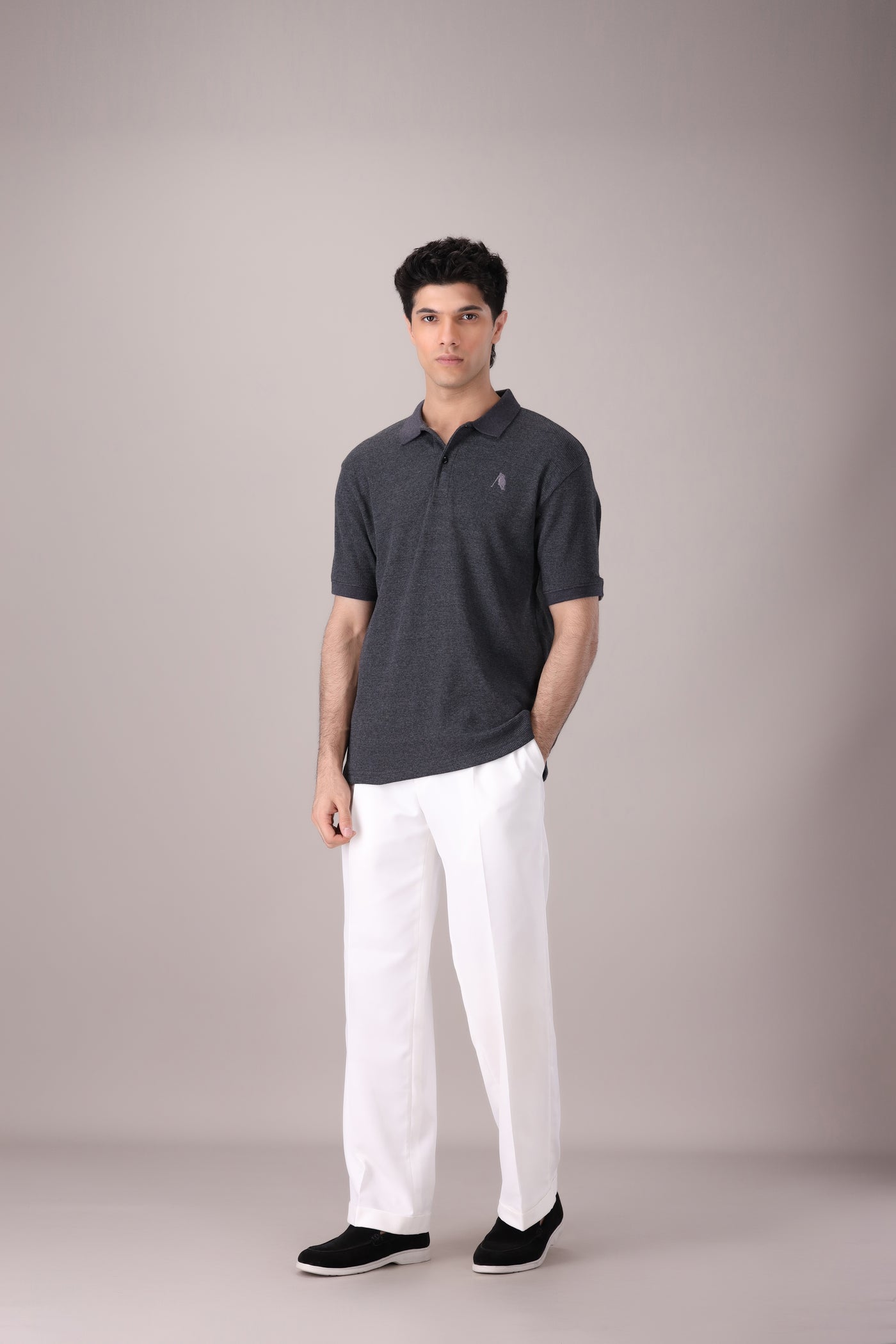 Charcoal Waffle Knitted POLO - OMH Clothing