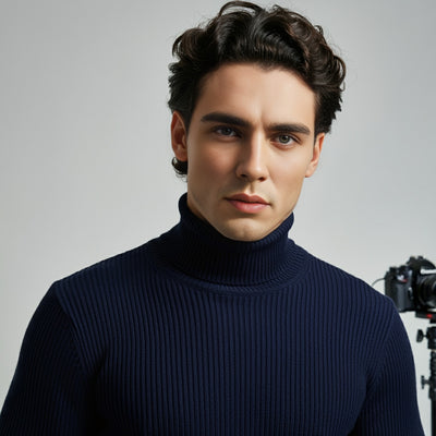 Navy Blue Rib Knitted Turtleneck Shirt - OMH Clothing