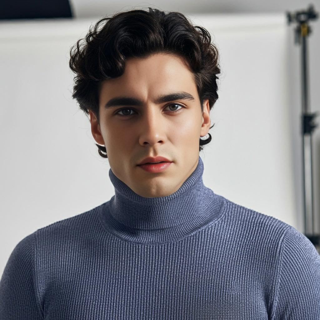 Tealish Blue Rib Knitted Turtle Neck Shirt - OMH Clothing
