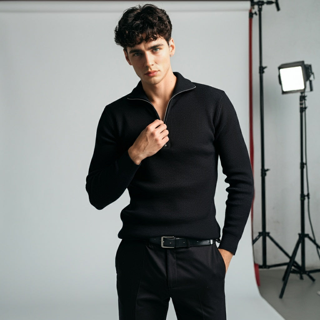 Black Rib Knitted Quarter Zipper - OMH Clothing
