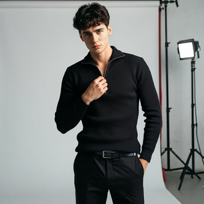 Black Rib Knitted Quarter Zipper - OMH Clothing