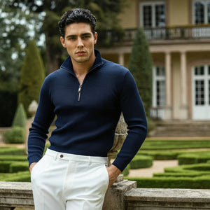 Navy Blue Rib knitted Quarter Zipper - OMH Clothing
