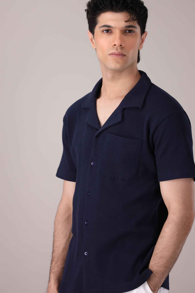 Navy Blue Waffle Knit Cuban Collar Shirt