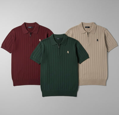 BEIGE DROP NEEDLE ZIP POLO SHIRT