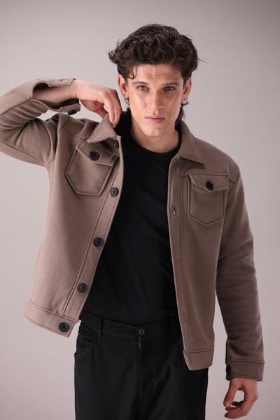 Taupe Brown Fleece Trucker Jacket - OMH Clothing