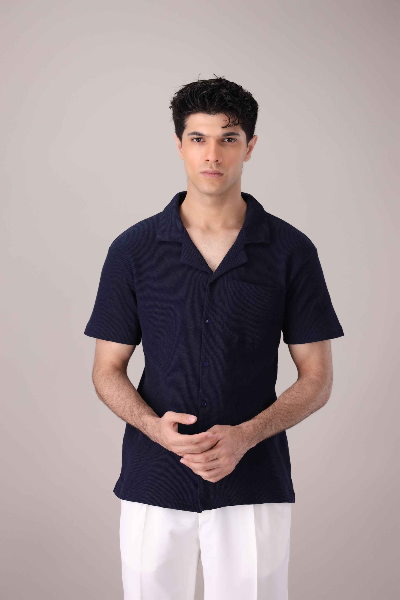 Navy Blue Waffle Knit Cuban Collar Shirt