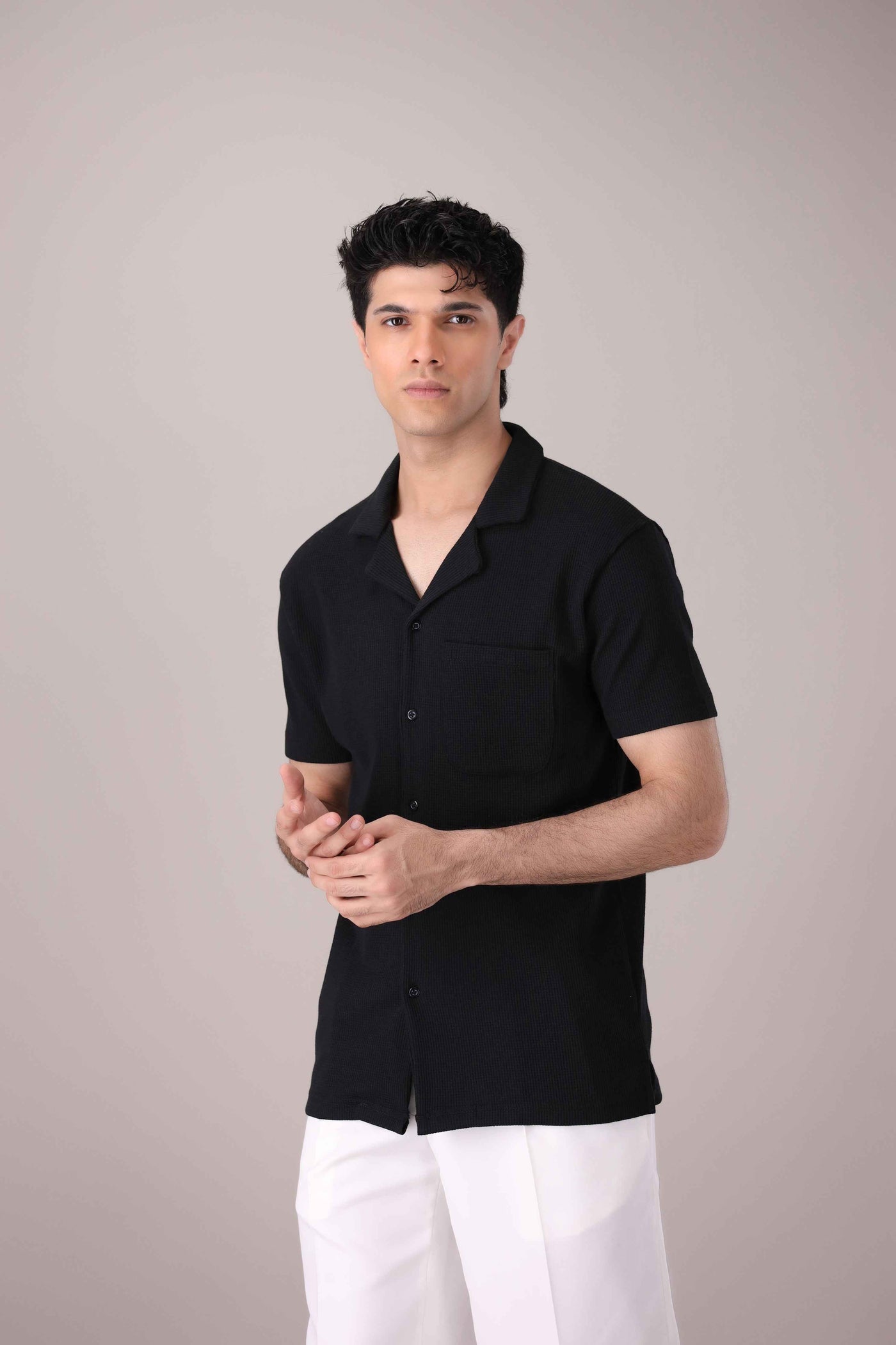 Black Waffle Knit Cuban Collar Shirt