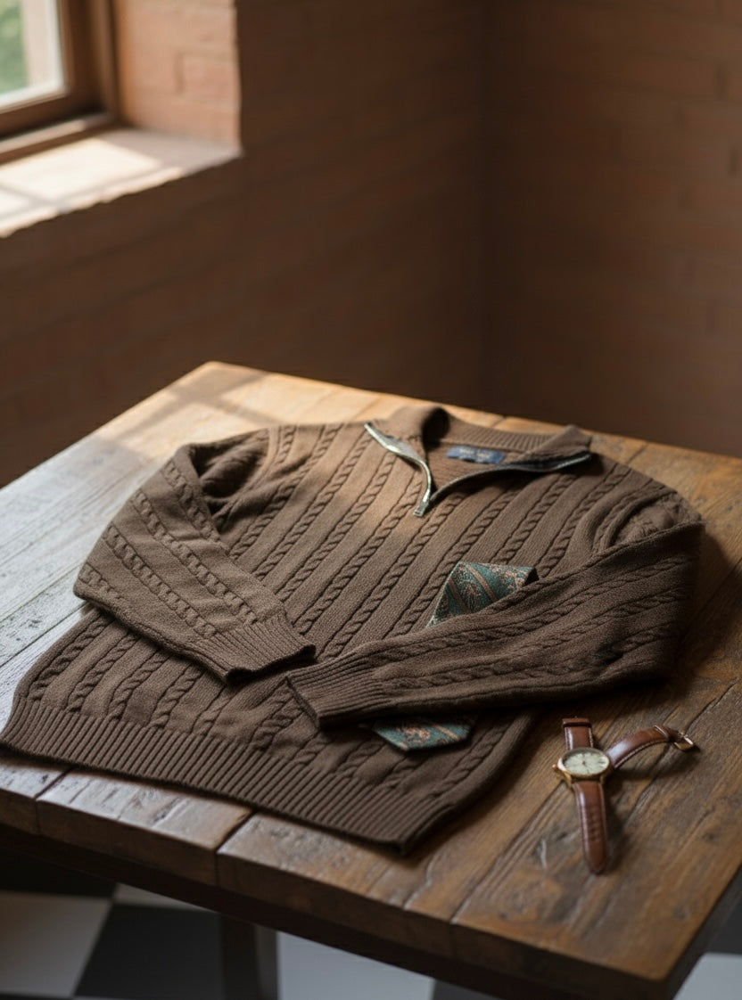 BROWN CABLE KNIT ZIPPER SWEATER