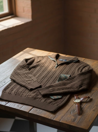 BROWN CABLE KNIT ZIPPER SWEATER