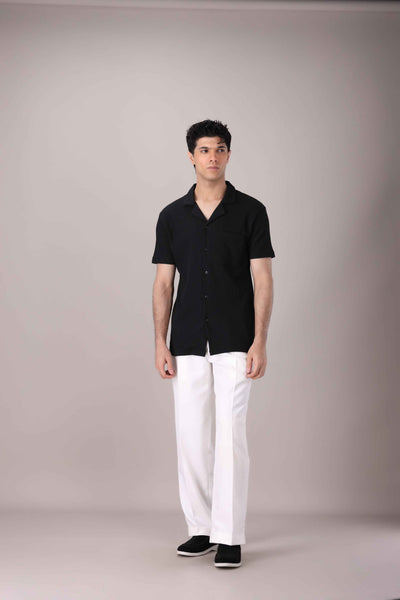 Black Waffle Knit Cuban Collar Shirt
