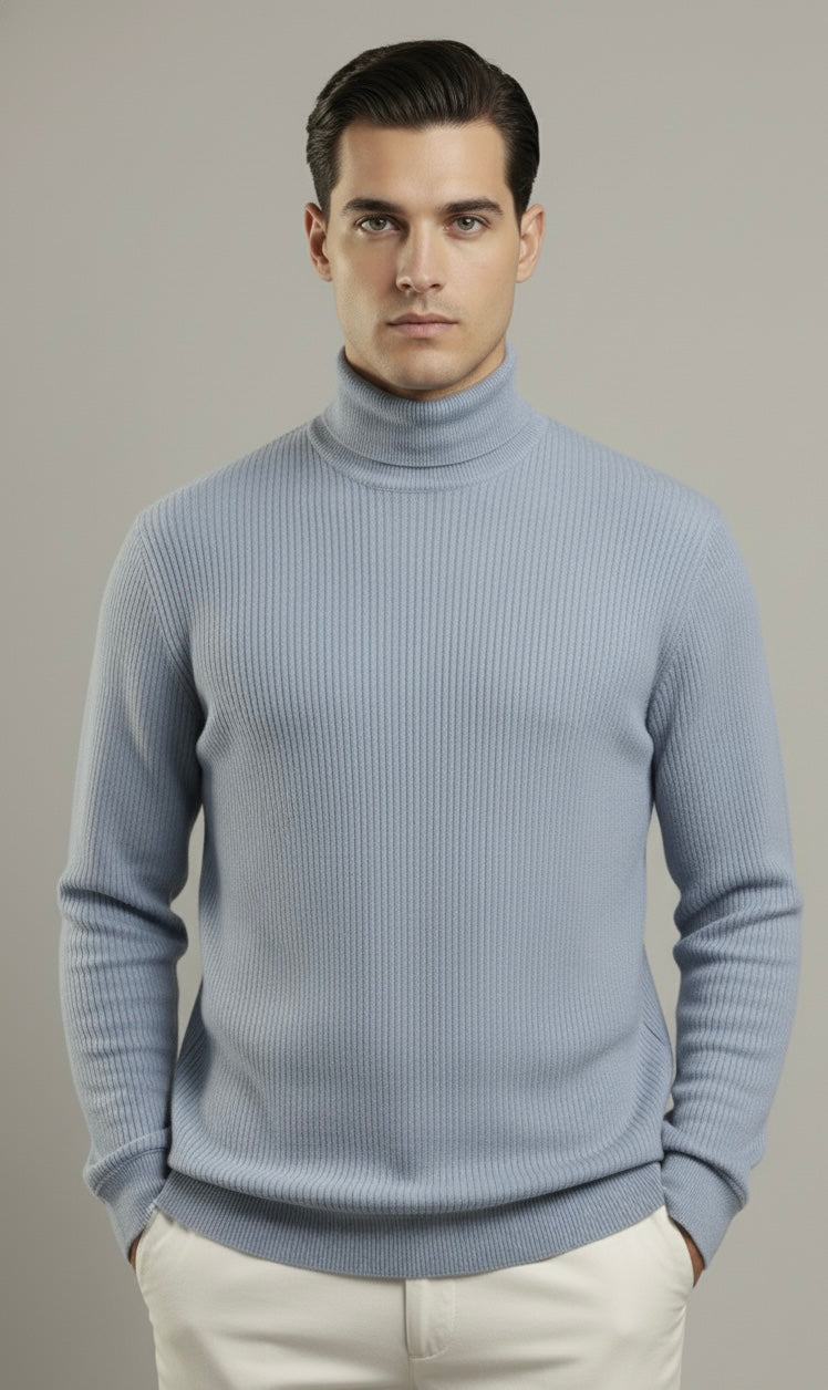 Tealish Blue Rib Knitted Turtle Neck Shirt