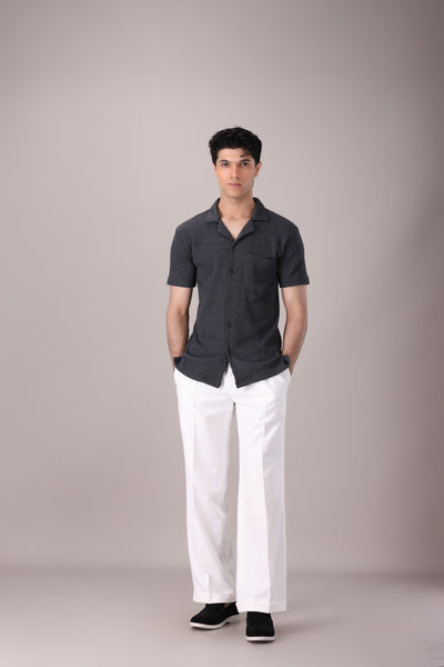 CHARCOAL WAFFLE KNITTED CUBAN COLLAR SHIRT