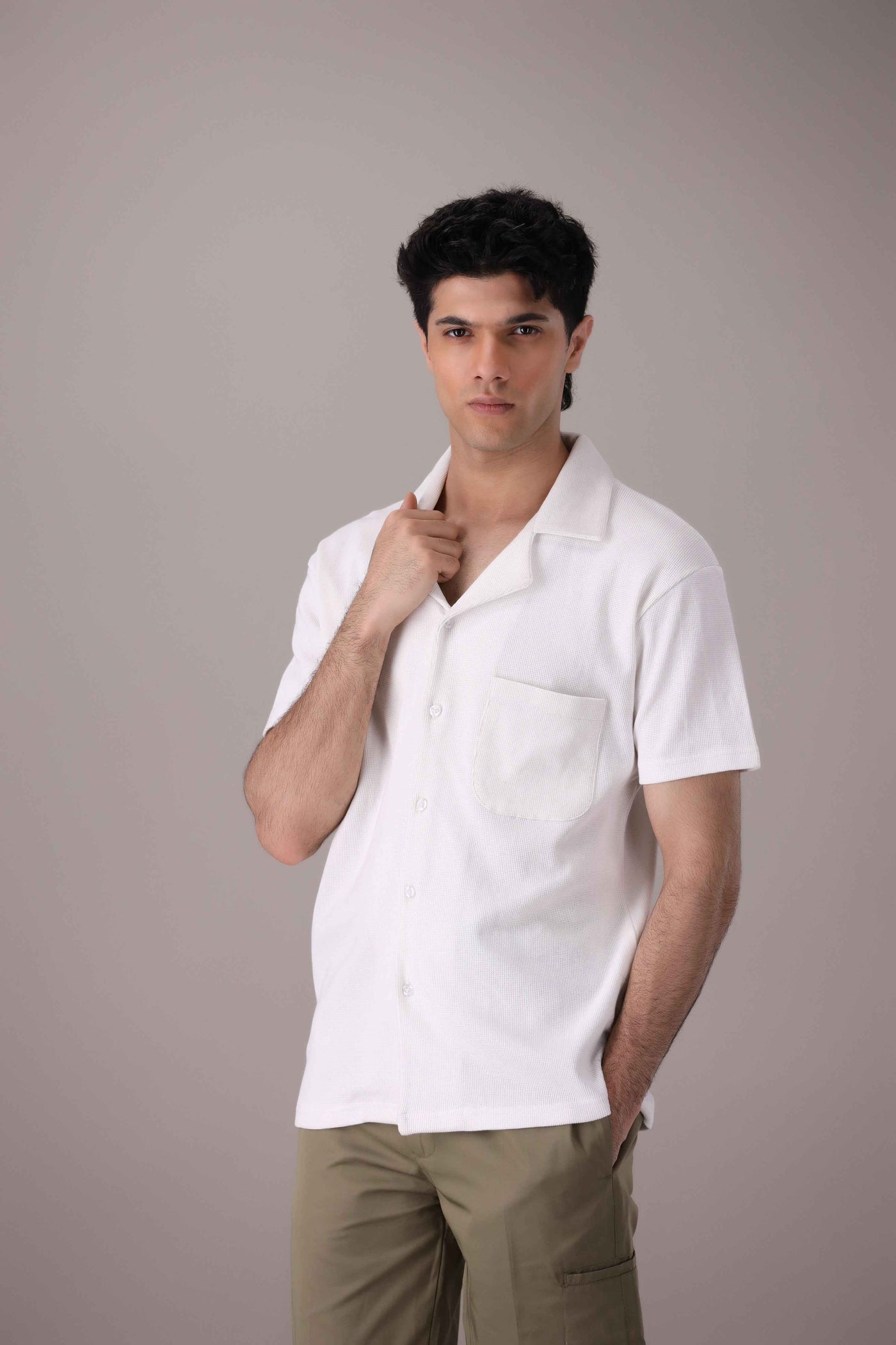 White Waffle Knitted Cuban Collar Shirt