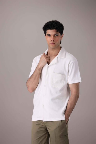 White Waffle Knitted Cuban Collar Shirt