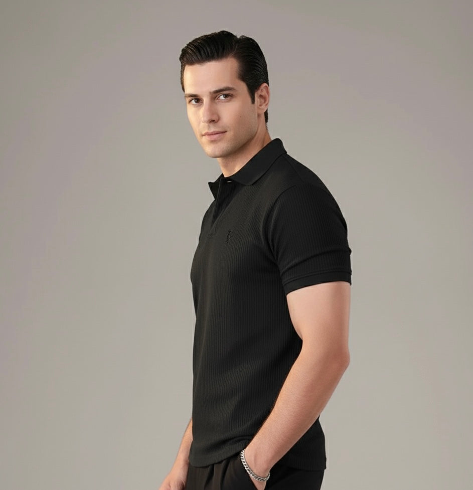 Black Waffle Knitted POLO Shirt
