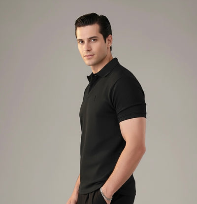 Black Waffle Knitted POLO Shirt