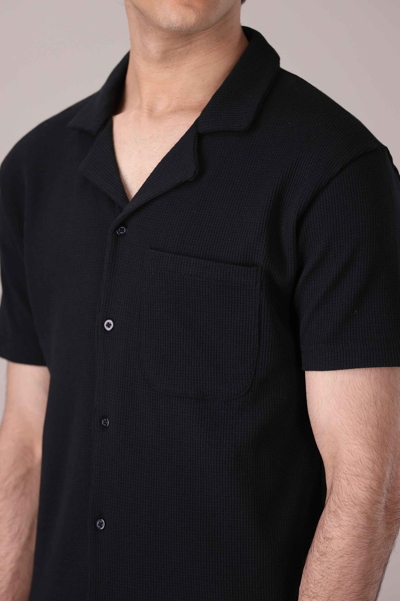 Black Waffle Knit Cuban Collar Shirt