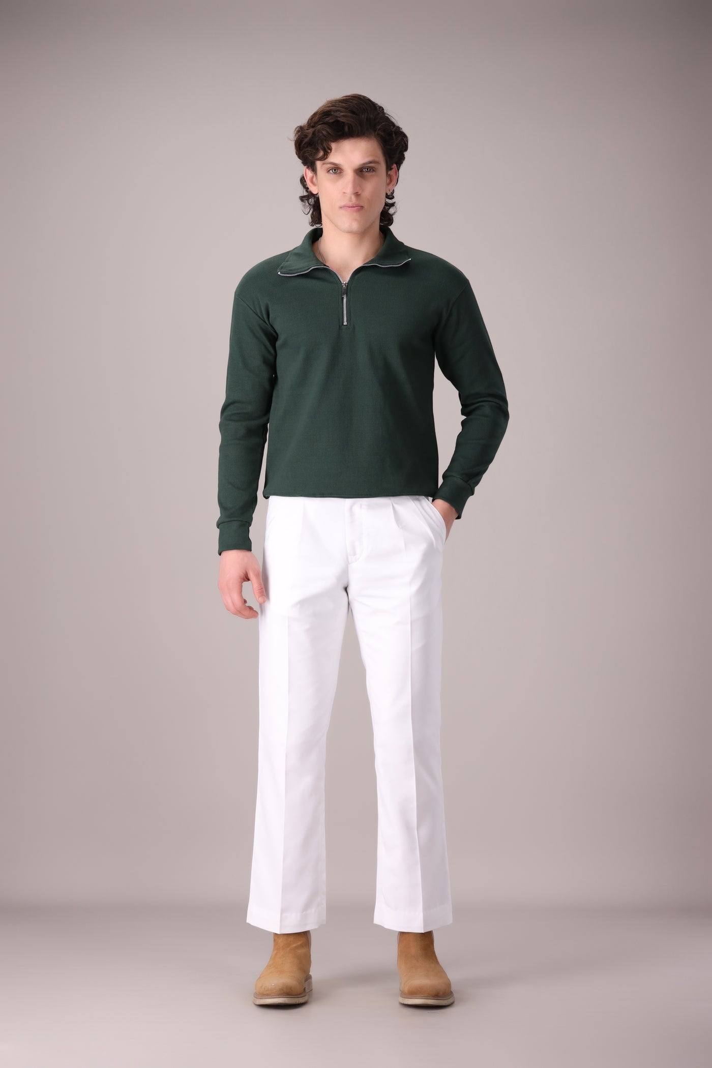 Green Rib Knitted Quarter Zipper - OMH Clothing