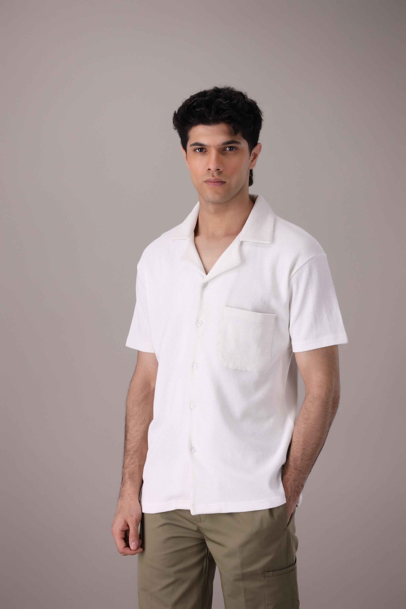 White Waffle Knitted Cuban Collar Shirt