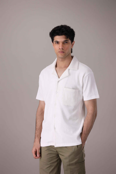 White Waffle Knitted Cuban Collar Shirt