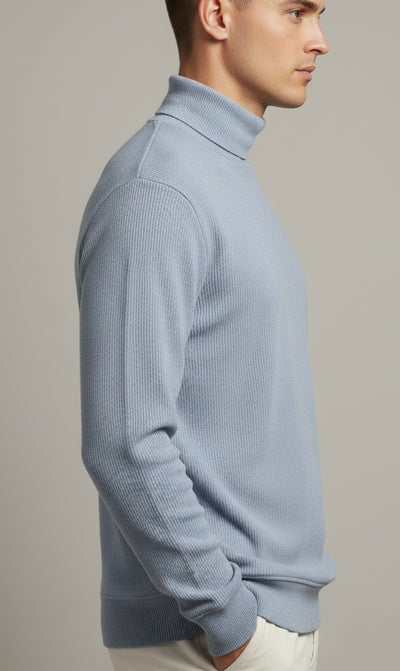 Tealish Blue Rib Knitted Turtle Neck Shirt