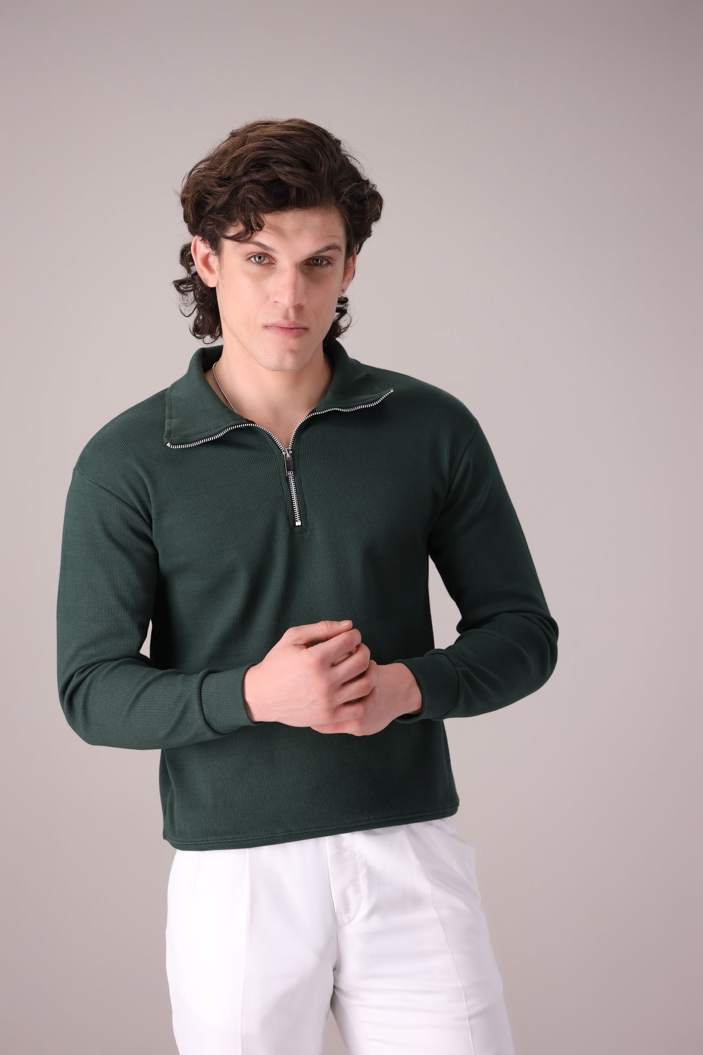 Green Rib Knitted Quarter Zipper - OMH Clothing