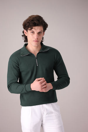Green Rib Knitted Quarter Zipper - OMH Clothing