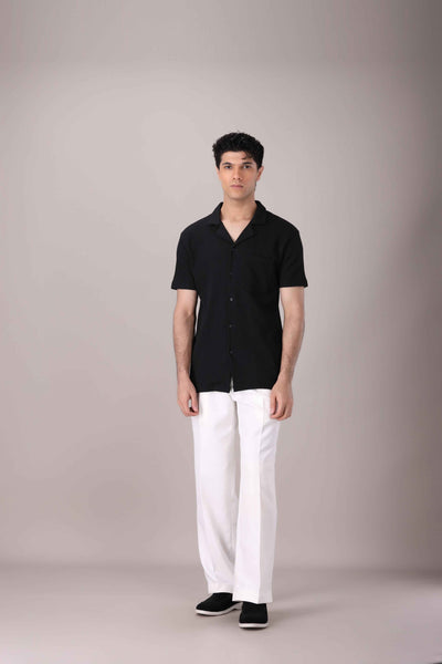 Black Waffle Knit Cuban Collar Shirt