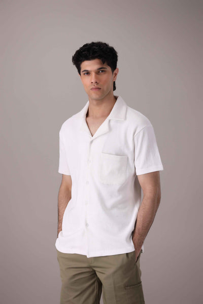 White Waffle Knitted Cuban Collar Shirt
