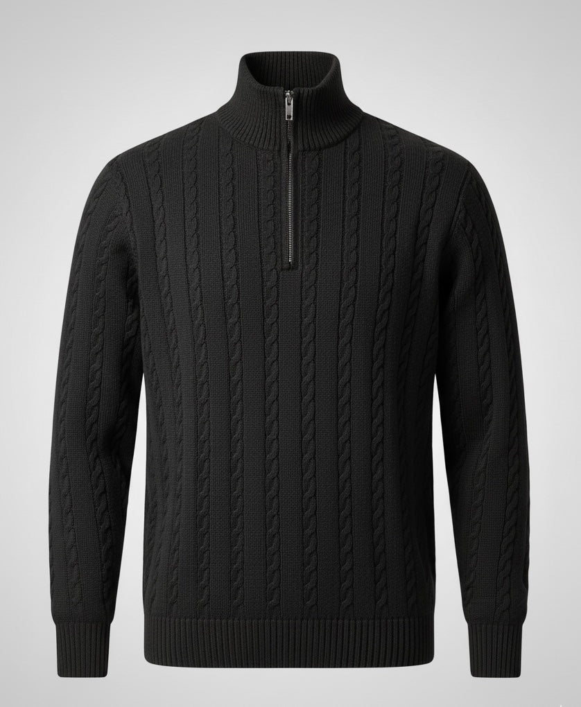 BLACK CABLE KNIT ZIPPER SWEATER