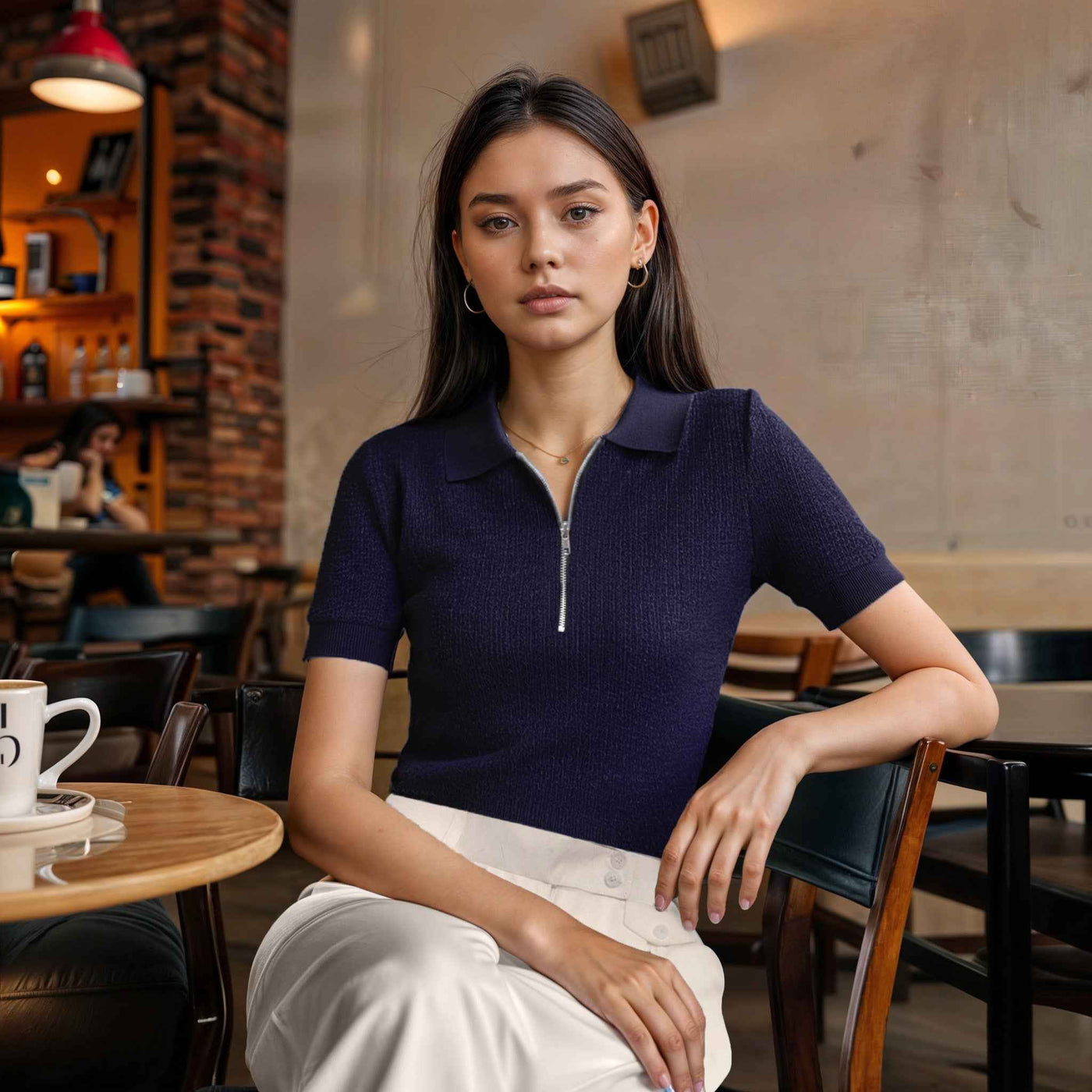Navy Blue Rib knitted  Zip Polo Top