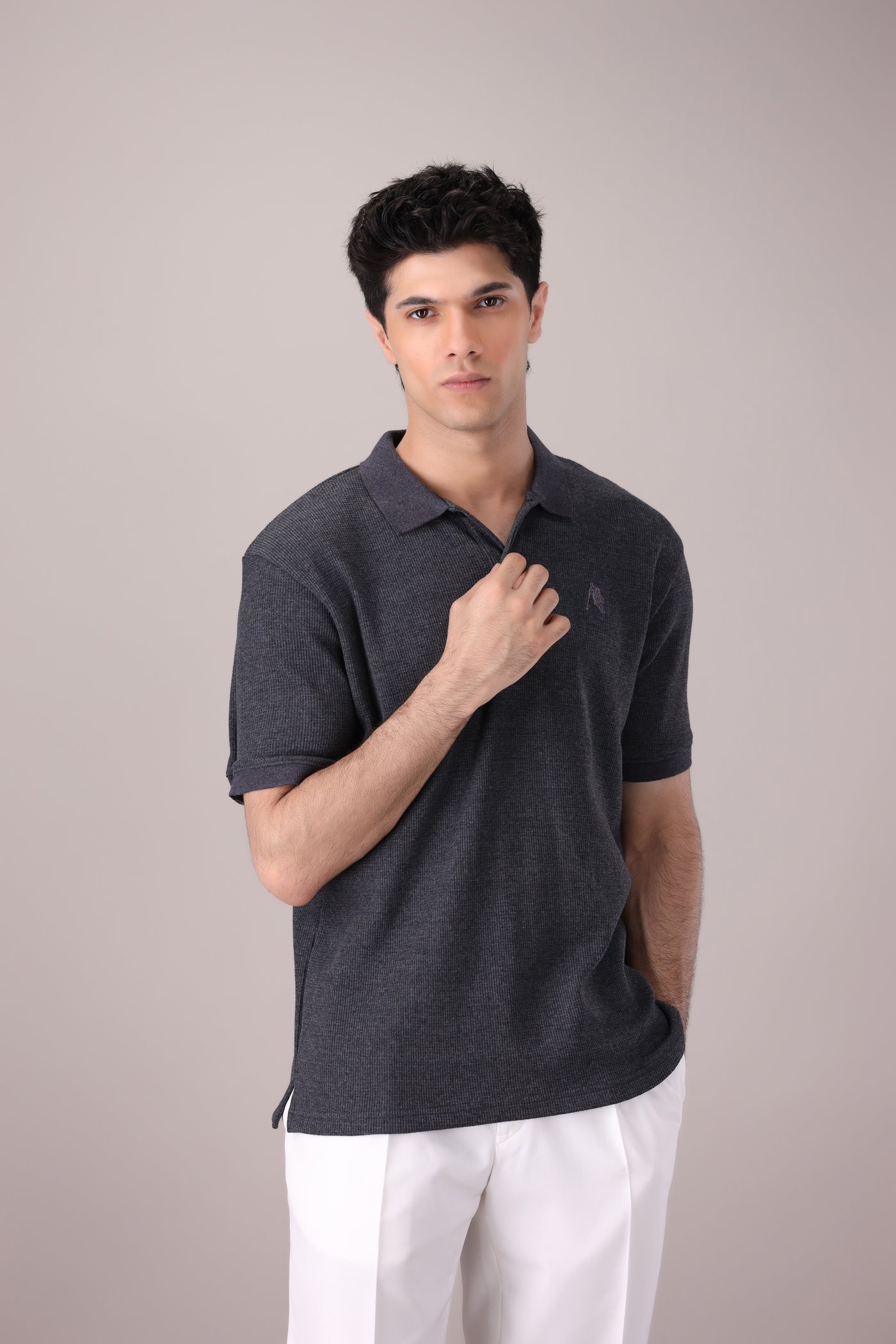 Charcoal Waffle Knitted POLO - OMH Clothing
