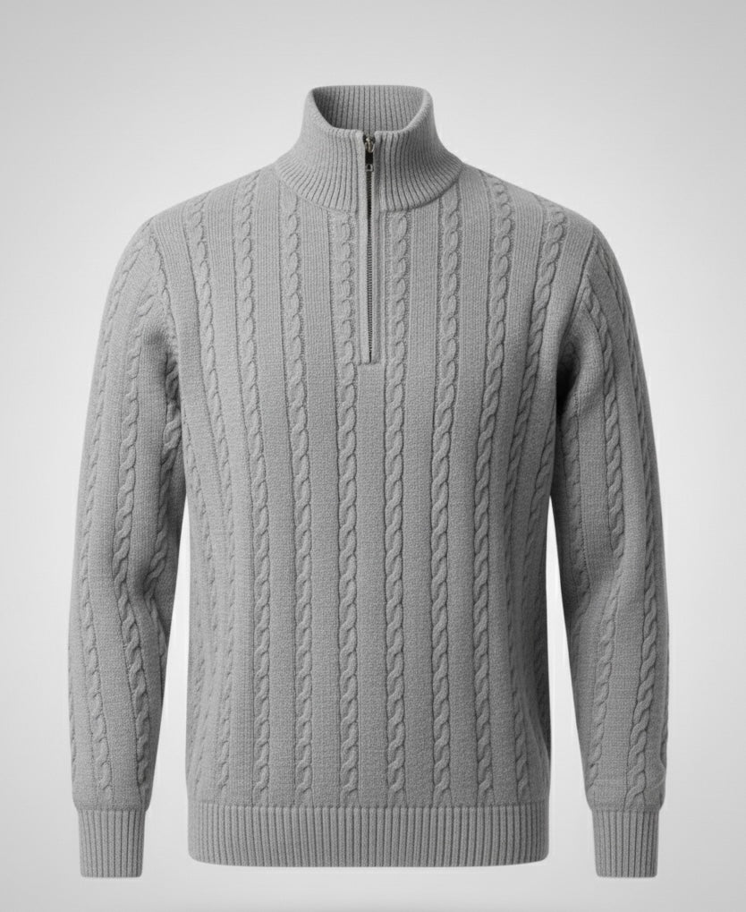 GREY CABLE KNIT ZIPPER SWEATER