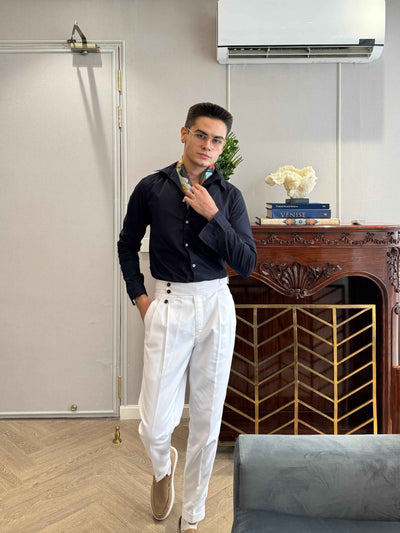 PREMIUM OFF WHITE DOUBLE PLEATED SIDE TAB TROUSER