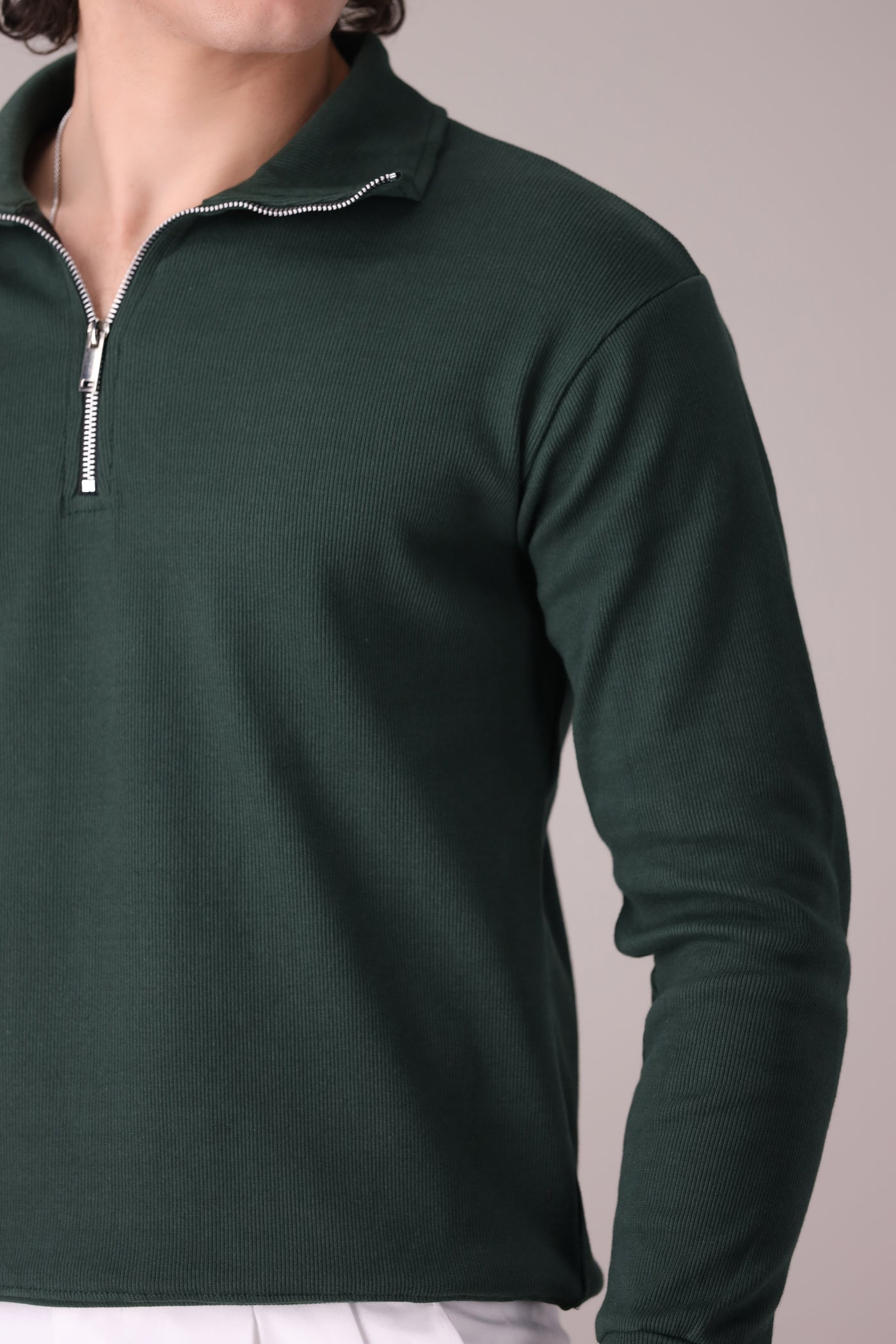 Green Rib Knitted Quarter Zipper - OMH Clothing