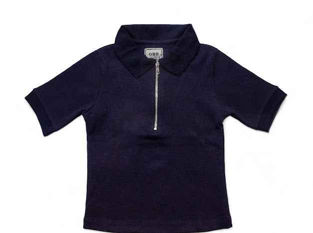 Navy Blue Rib knitted  Zip Polo Top