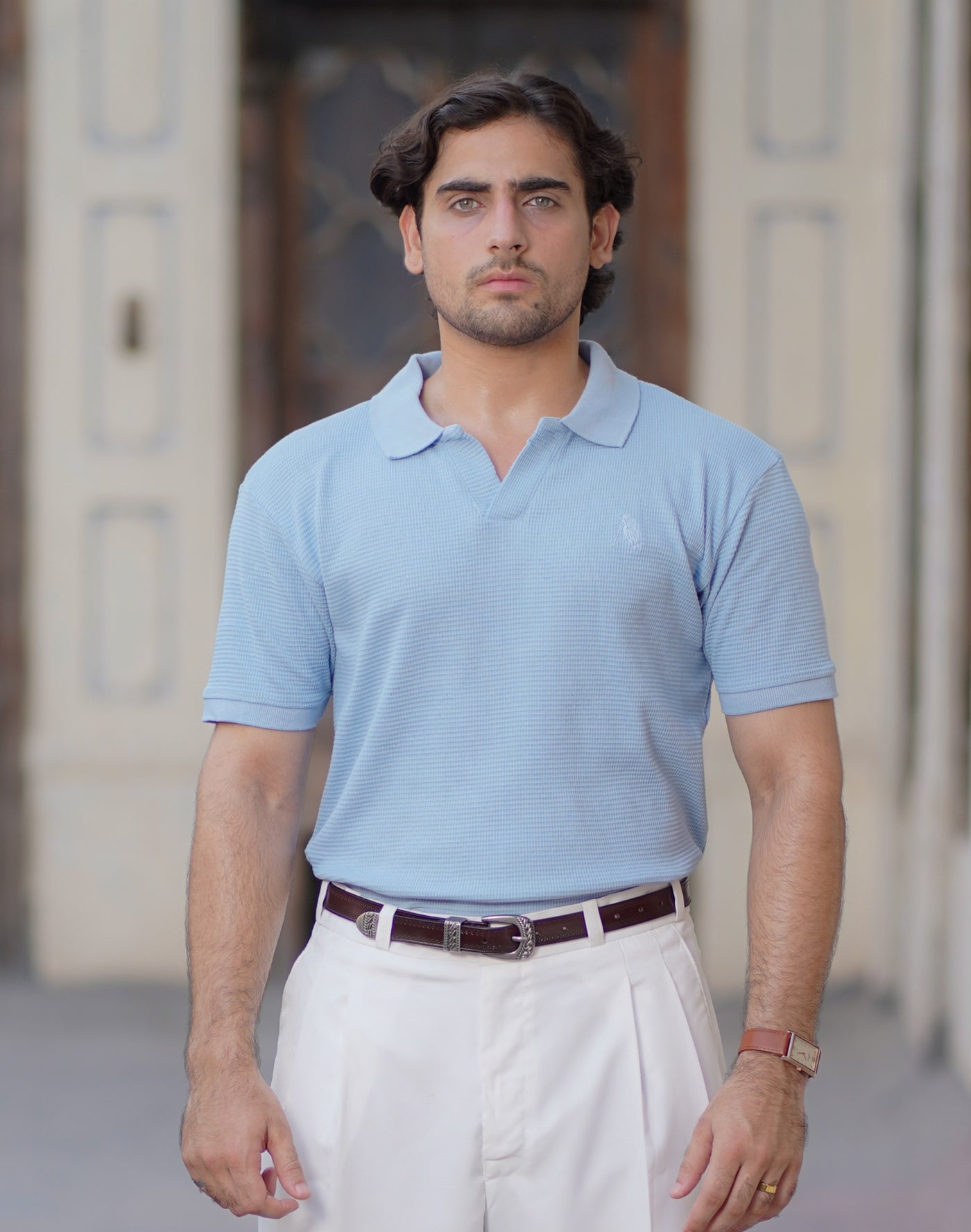 Sky Blue Polo Shirt - Johnny Collar Waffle Knitted Design