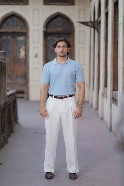 Sky Blue Polo Shirt - Johnny Collar Waffle Knitted Design