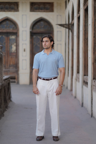 Sky Blue Polo Shirt - Johnny Collar Waffle Knitted Design