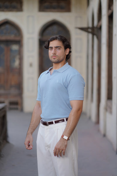 Sky Blue Polo Shirt - Johnny Collar Waffle Knitted Design