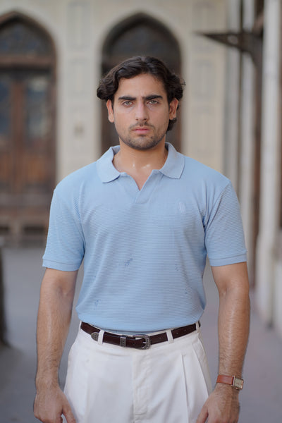 Sky Blue Polo Shirt - Johnny Collar Waffle Knitted Design