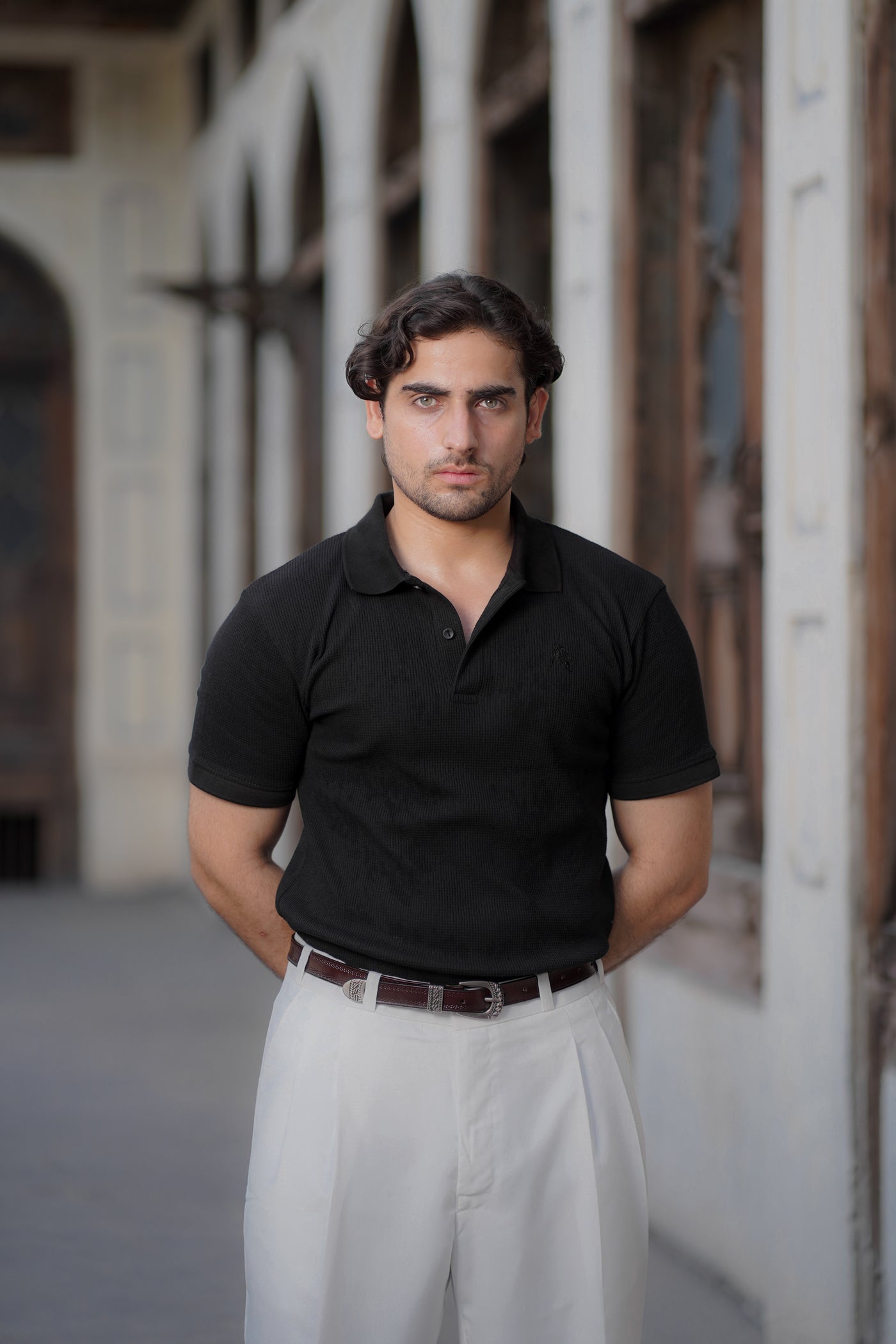 Black Waffle Knitted POLO Shirt