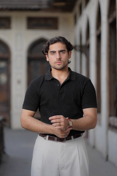 Black Waffle Knitted POLO Shirt