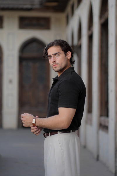 Black Waffle Knitted POLO Shirt
